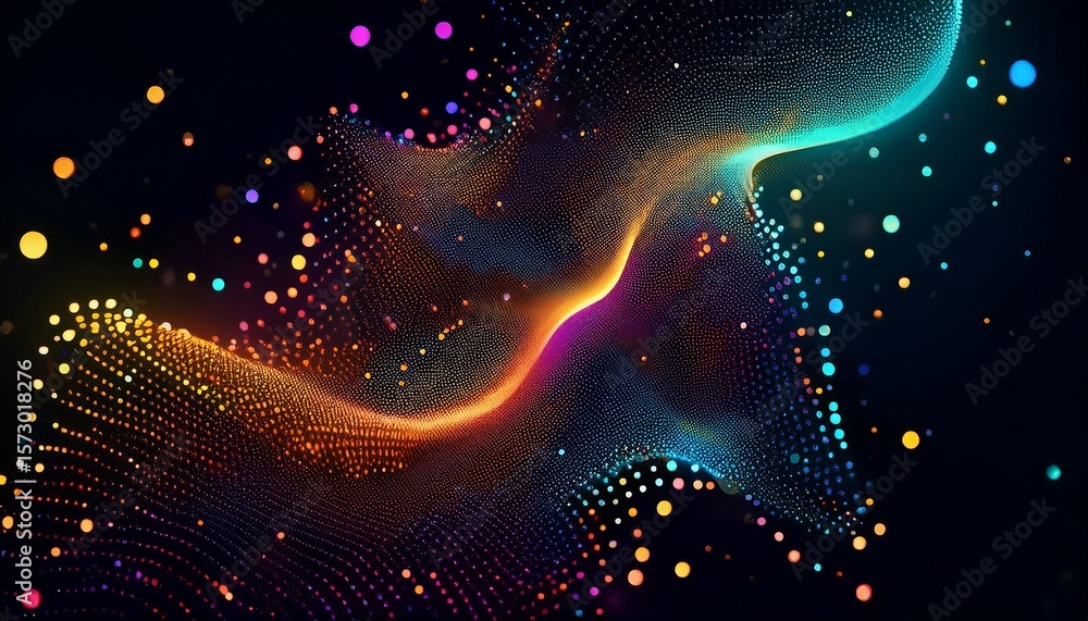 Poster abstract design with colorful dots and particles on black background