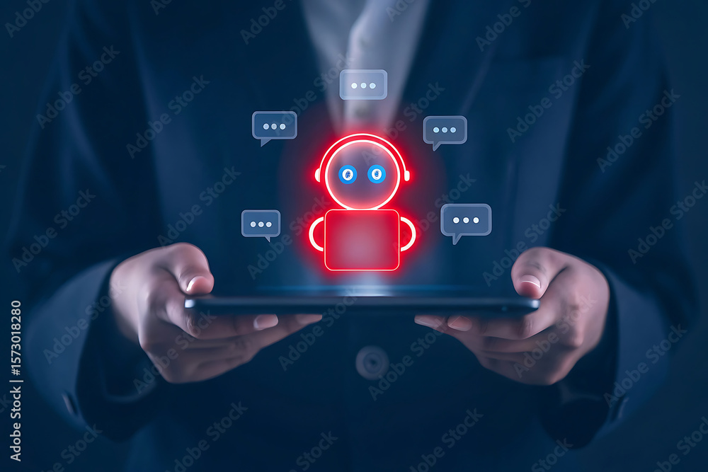 Poster ai chatbot managing business email communication on digital tablet, used by professional for smart i