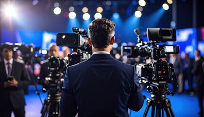 Back view of a man facing many video cameras with camera operators at a public event with a blue stage backdrop
