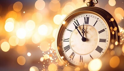 Golden pocket watch displaying almost midnight against blurred sparkling lights showing the Roman numerals indicating