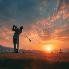 A man is swinging a golf club on a golf course during sunset. The sky is filled with clouds and the sun is setting, creating a beautiful and serene atmosphere