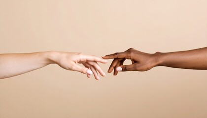 Light skinned and dark skinned hands reach toward each other on a beige background suggesting connection unity and