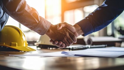 Two individuals shaking hands over construction plans on a table with helmets pen and sunlight illuminating the scene