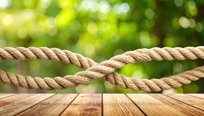 Twisted brown ropes displayed above a wooden plank surface with green bokeh background creates a textured natural scene