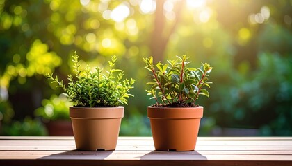 Two potted green plants rest on a wooden surface against a bokeh background of green foliage bathed in soft sunlight