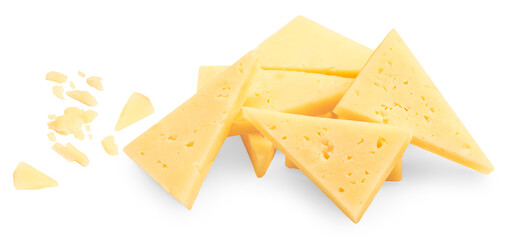 Cheese triangle pieces  isolated on white. High-Quality Cheese Wedge Pile of cheese slices  with...