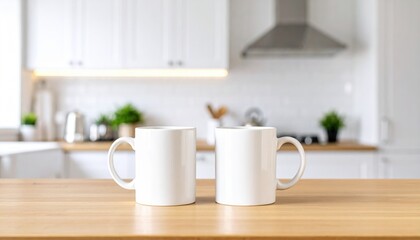 Two white ceramic mugs sit side by side on a light brown wooden countertop with a blurred modern white kitchen in the