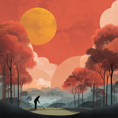 A man is playing golf in a forest with a large orange sun in the background. Scene is peaceful and serene, as the golfer enjoys the natural surroundings while playing his game