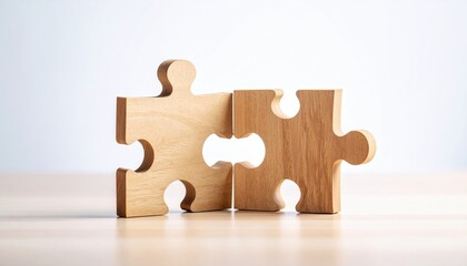 Two wooden jigsaw puzzle pieces are connecting together on a wood surface against a plain bright background