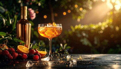 Aperol spritz cocktail with ice and orange slices in a glass a bottle raspberries and blackberries on a black surface