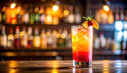 Colorful cocktail garnished with orange cherry and mint on a bar bottles blurred in the background showing bar lighting
