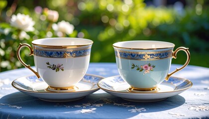 Two fine china teacups with saucers sit on a blue tablecloth in the sunlight adorned with gold trim and floral patterns