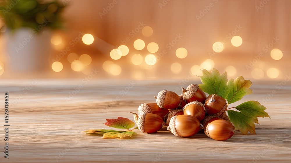 Poster acorns and leaves on wooden table with soft bokeh background