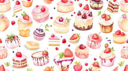 Seamless cupcake and strawberry pattern cute dessert illustration