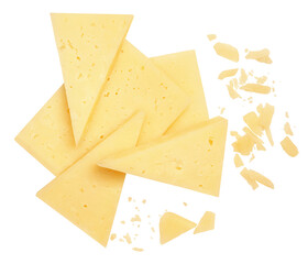 Flying Cheese triangle pieces isolated on white. Levitating cheese with crumbs.  Cheese Explosion. Top view. Flat lay.