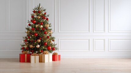 Elegant Christmas Tree with Gifts in a Cozy Living Room Setting