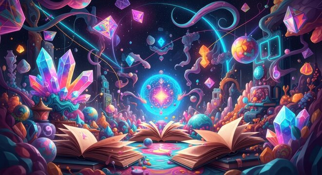 Enchanting mystical realm of glowing crystals arcane knowledge and cosmic energy in a dreamlike landscape