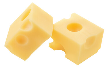 Flying Cheese piece isolated on white. Levitating cheese cubes. Holey Cheese Explosion. Top view....