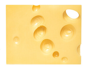 Cow's Cheese isolated on white. Swiss holey maasdam cheese piece. Swiss Cheese  slice close up.
