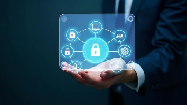Hand Holding Holographic Zero Trust Security Model Interface Surrounded by Security Icons Emphasizing Cybersecurity Principles and Secure Network Access in Empty Space