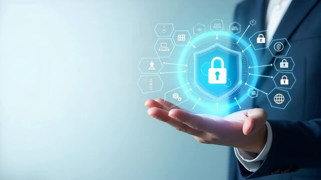 Hand holding holographic Zero Trust security model interface surrounded by security icons emphasizing cybersecurity principles and secure network access in empty space concept as Hand holds holographi