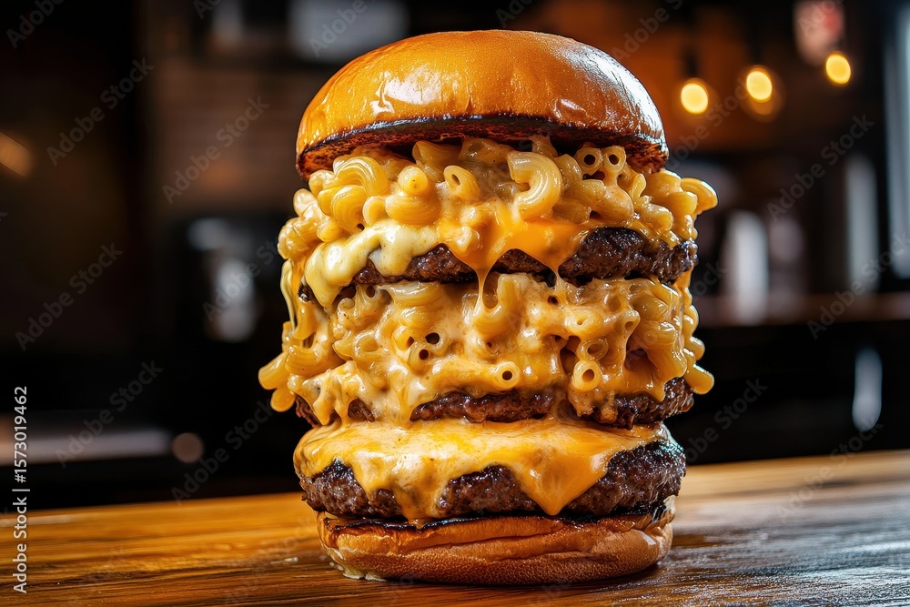 Poster delicious towering burger with layers of cheese and macaroni in a cozy dining spot, towering burger 