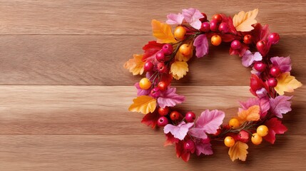 Autumn Wreath with Colorful Leaves and Berries on Wooden Background