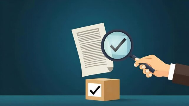 Hand using holographic magnifying glass focusing on approved document with checkmark on wooden cube symbolizing quality assurance and document control in empty space concept as Hand uses magnifying gl