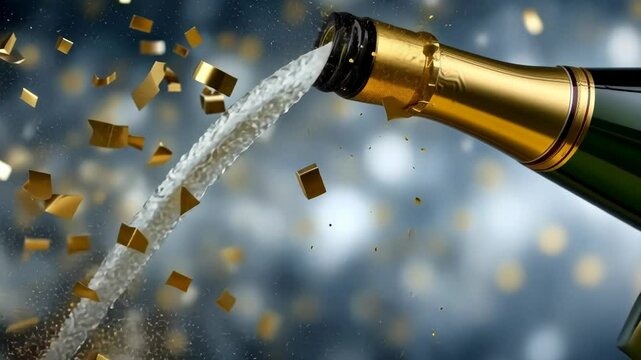 Celebrating with champagne as golden confetti bursts in the air during a joyful occasion at a festive gathering in the evening