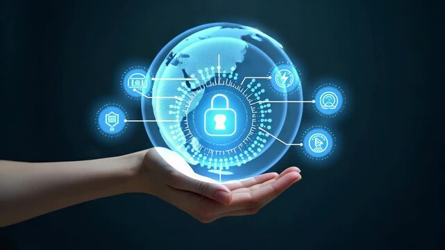 Hand Holding Holographic Zero Trust Security Model Interface Surrounded by Cybersecurity Icons Symbolizing Secure Network Principles in Empty Space Concept