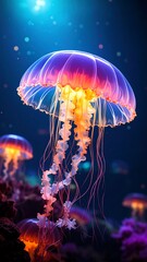 Glowing Jellyfish Swimming in Deep Blue Ocean