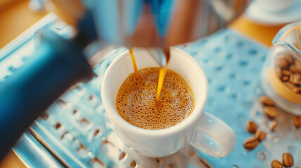 Espresso Coffee Pouring from Above into White Cup, Barista Making Fresh Brew, Top View.