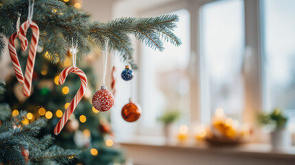 Christmas Tree Decorated with Hanging Candy Cane Ornaments, Festive Holiday Mood and Traditional Christmas Decoration Concept.