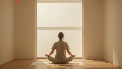 Person in comfortable clothing meditating in lotus position on a yoga mat in a sunlit room, focusing on inner peace and mindfulness.