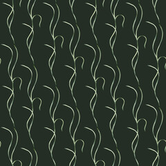Elegant wavy greenery seamless background isolated on dark. Watercolor hand painted vines and leaves minimalist botanical repeat pattern for wallpaper, wrapping paper, and fabric design.