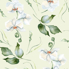 Delicate white flowers watercolor seamless pattern isolated. White orchids and foliage, holly branches hand drawn. Neutral botanical repeated background for bridal decor, organic branding and textile.