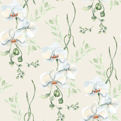 Soft white flowers orchids, buds, and airy foliage watercolor repeat design isolated. Light botanical seamless pattern hand painted for spring wedding textiles, notebooks, and eco style branding.