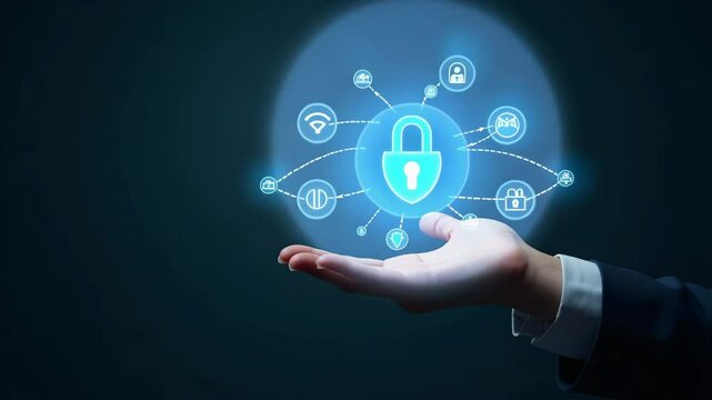 Flat Hand holding holographic scam alert device with fraud phishing malware icons representing online threats and data protection in empty space concept as Hand holds holographic scam alert device dis