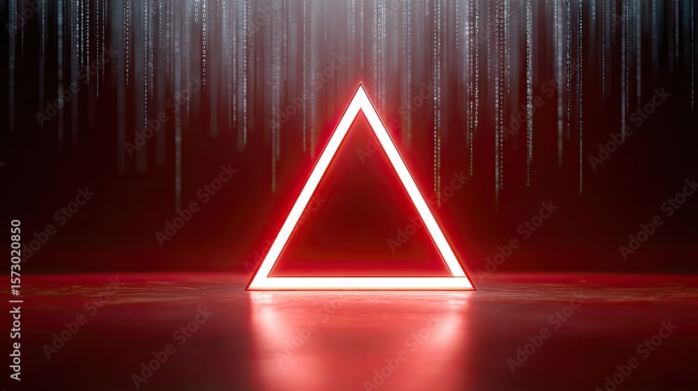 Poster neon red triangle against dark background with digital elements