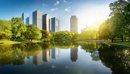 Fototapeta premium sunlit urban park with reflecting pond green trees and modern buildings