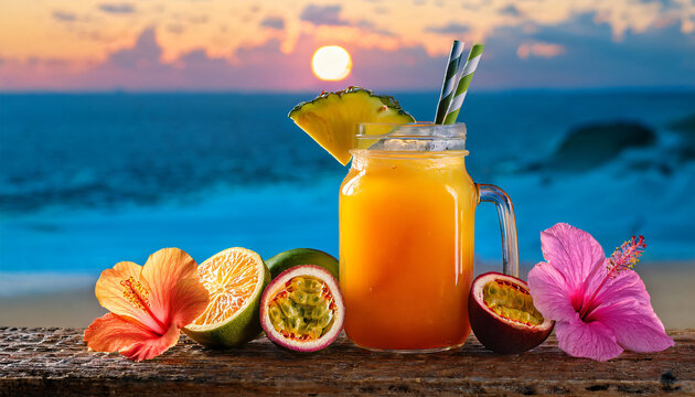  A neon-colored Hawaiian POG juice (passion fruit, orange, guava) in a chilled mason jar with tropical fruits