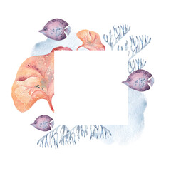 Fish clown, vibrant seaweeds, colorful coral plants watercolor marine frame isolated. Hand painted underwater scene in bright tropical hues for nautical stationery, beach events, and summer decor.