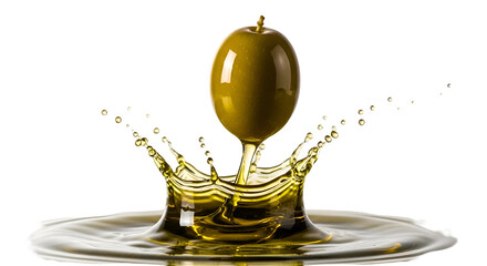 Olive Falls, Creates Splash of Oil, Close-up Shot on Transparent Background, Liquid Art