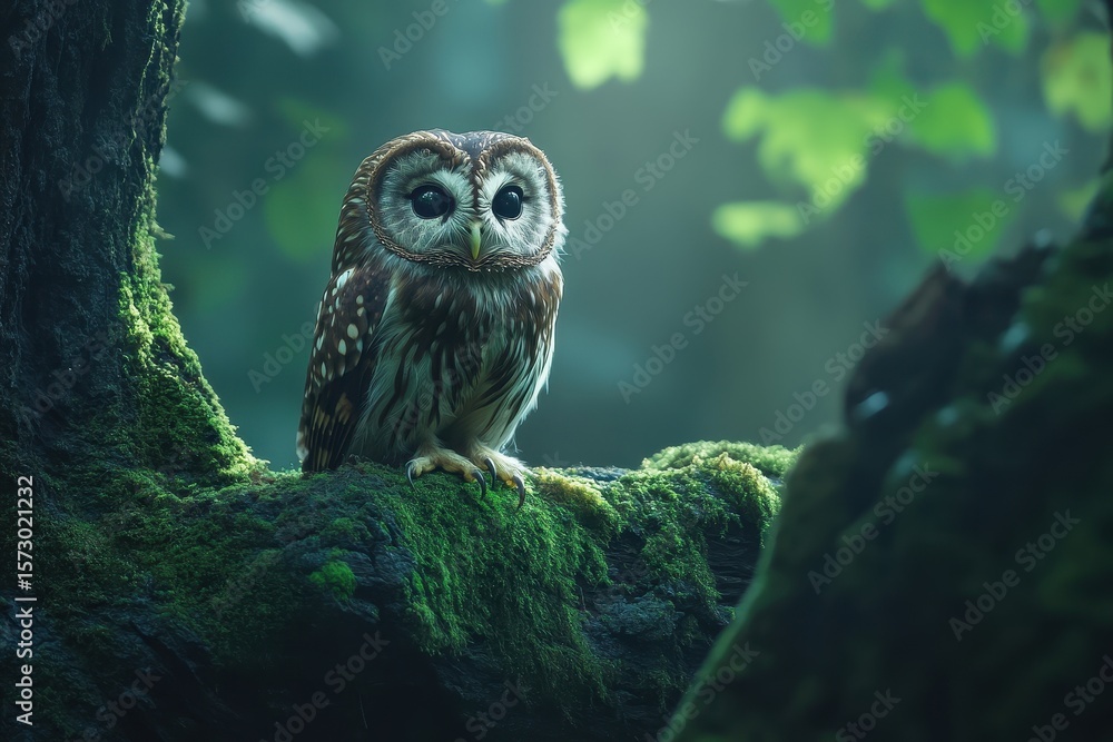 Poster owl perched on mossy tree branch in serene forest environment during timelapse sequence, owl on a mo