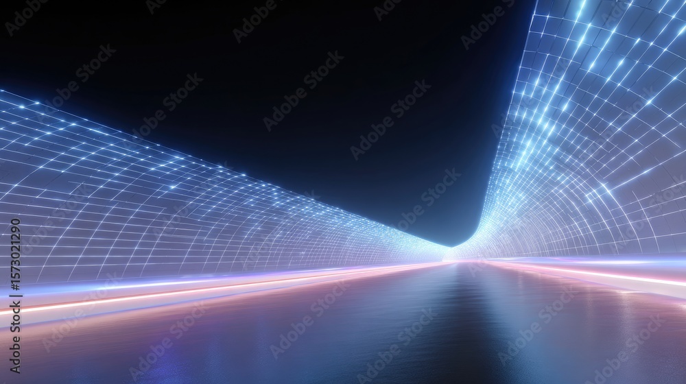 Poster futuristic light tunnel with glowing lines and reflections