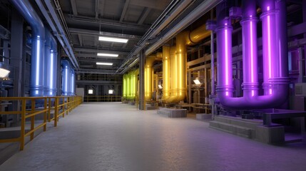 Obraz premium Colorful Industrial Pipes in Modern Factory with Dramatic Lighting