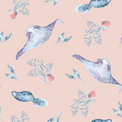 Elegant watercolor seamless pattern of stingrays by seaweed, coral seashells isolated on beige. Underwater creatures hand painted repeated background for print, summer fabric, children textile.