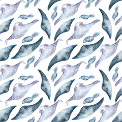 Underwater creatures in soft blue gray tones watercolor seamless pattern isolated on white. Stingrays monochrome hand drawn on repeated texture for swimwear, ocean themed packaging, marine textile.