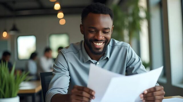 Flat Happy Young African Businessman Working at Laptop in Office, Smiling While Checking Documents and Reading Financial Reports - Cute Vector Illustration