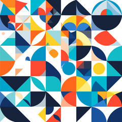 Abstract Geometric Pattern with Interlocking Circles and Triangles in Blue Orange and Yellow on White Background